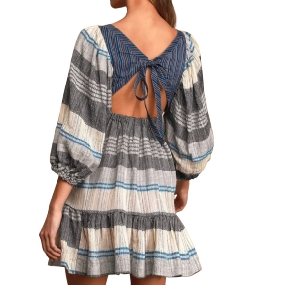 Free People Cozy Striped Mini Dress Indigo Combo Blue/Cream Balloon Sleeve Small - Picture 2 of 12